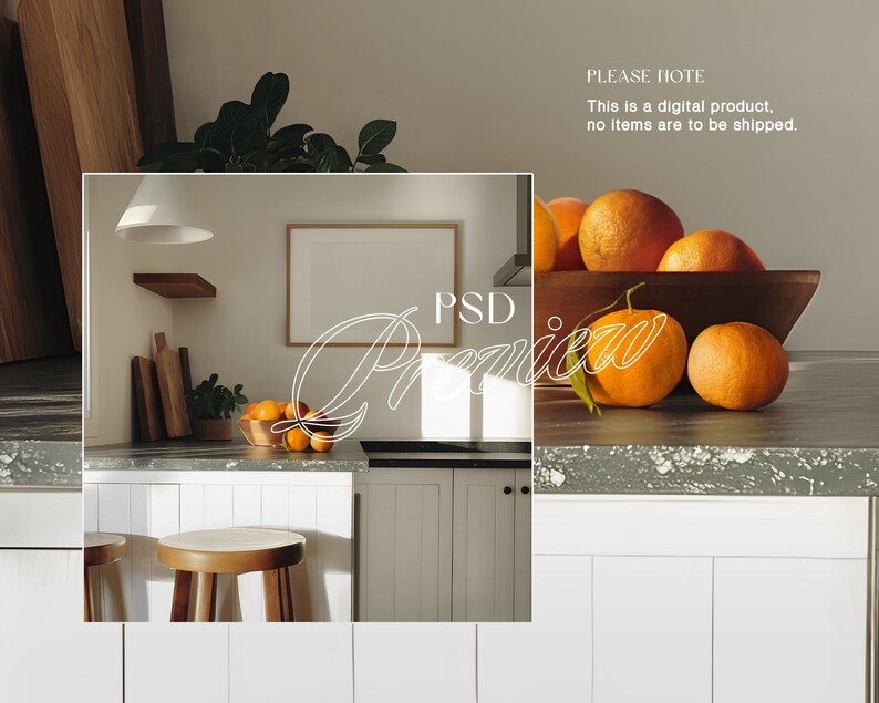 May include: A kitchen interior with a white countertop, white cabinets, and two wooden bar stools. A framed picture hangs on the wall above the countertop. A bowl of oranges sits on the countertop. The text "PSD Preview" is written in white on the image.