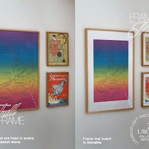 May include: A collection of framed art prints displayed on a wall. The largest print features a blue, purple, and pink gradient with stamps. Two smaller prints are also displayed. The frames are light brown.