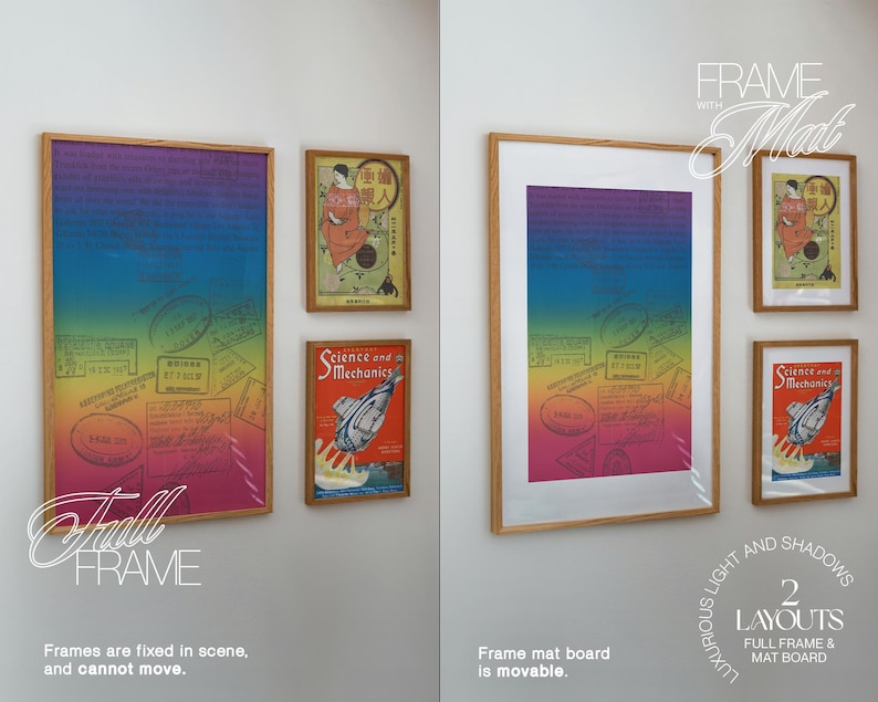 May include: A collection of framed art prints displayed on a wall. The largest print features a blue, purple, and pink gradient with stamps. Two smaller prints are also displayed. The frames are light brown.