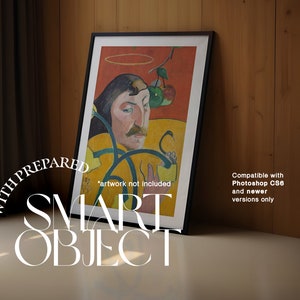 May include: A framed painting of a man with a halo, a yellow background, and green leaves and apples. The text "*artwork not included" is printed below the image. The text "WITH PREPARED SMART OBJECT" is printed below the frame. The text "Compatible with Photoshop CS6 and newer versions only" is printed on the right side of the image.
