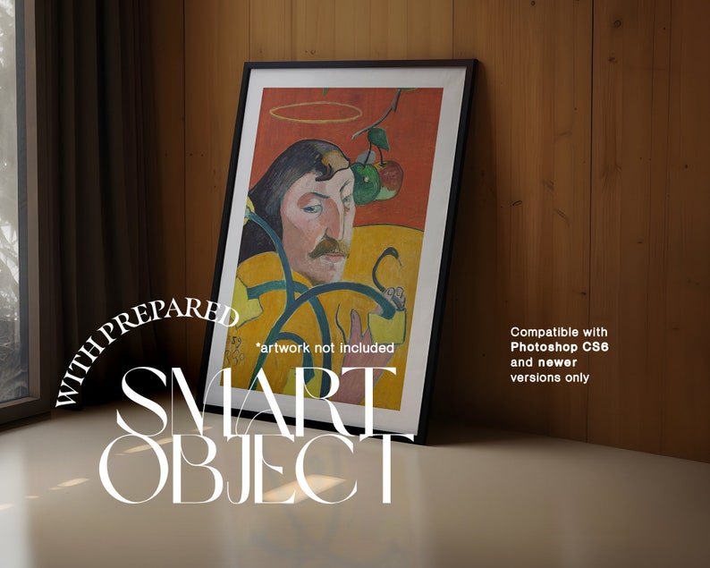 May include: A framed painting of a man with a halo, a yellow background, and green leaves and apples. The text "*artwork not included" is printed below the image. The text "WITH PREPARED SMART OBJECT" is printed below the frame. The text "Compatible with Photoshop CS6 and newer versions only" is printed on the right side of the image.