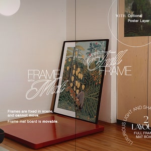 May include: A framed illustration of a jungle scene with lush green foliage and colorful flowers. The frame is on a red mat board and a wooden floor. The text "Full Frame" and "Luxurious Light and Shadows" is visible in the image. The text "2 Layouts" is also visible, indicating that there are two different layout options for the frame.