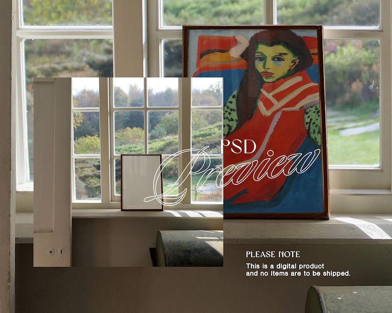K&ouml;nnte beinhalten: Ein gerahmtes Gem&auml;lde einer Frau mit roten und blauen abstrakten Mustern. Das Gem&auml;lde h&auml;ngt an einer Wand mit einem Fenster dahinter. Der Text "PSD Preview" ist in Wei&szlig; auf dem Gem&auml;lde geschrieben.