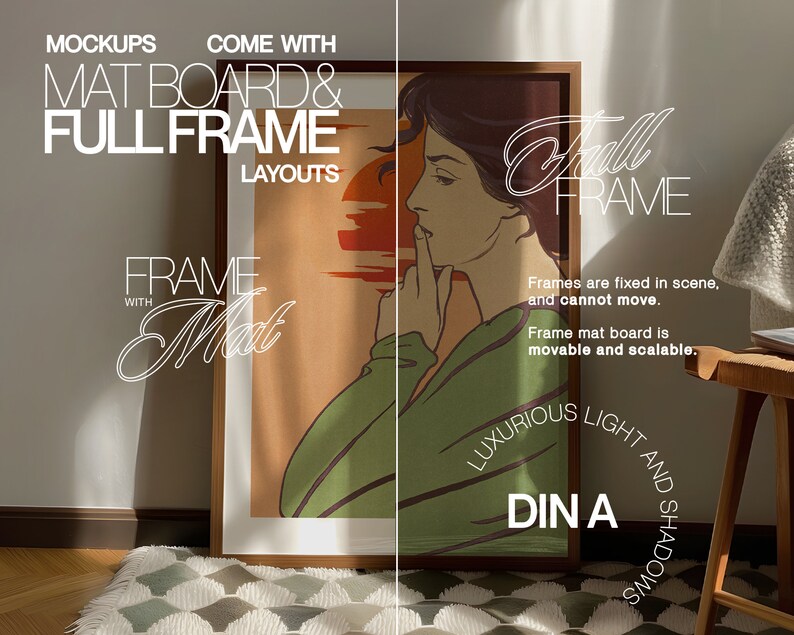 DIN A Frame Ratio Photoshop Mockup Bundle of Four Interior Scenes | Warm and Classic Frame PSD Template Pack for Wall Art Display image 6