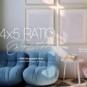 May include: Two blue armchairs with a white side table and a stack of books on top. The wall behind the furniture has two large, wooden picture frames with white mats. The text "4x5 RATIO Frames" is written in white on the wall. The text "PSD Document Size 4500x3000px, 300ppi" is written in white below the frames. The text "Books layer can be hidden" is written in white on the right side of the image.