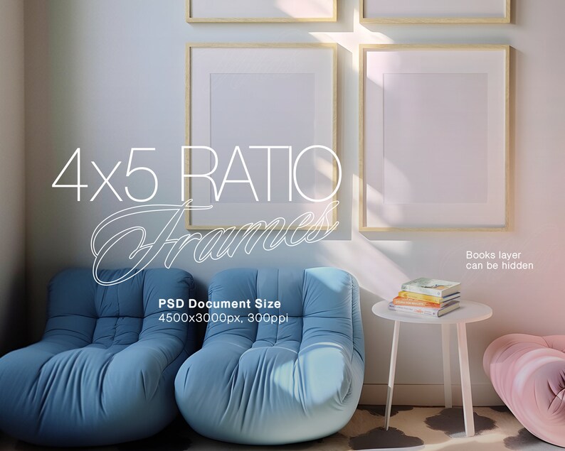 May include: Two blue armchairs with a white side table and a stack of books on top. The wall behind the furniture has two large, wooden picture frames with white mats. The text "4x5 RATIO Frames" is written in white on the wall. The text "PSD Document Size 4500x3000px, 300ppi" is written in white below the frames. The text "Books layer can be hidden" is written in white on the right side of the image.