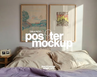 Two DIN A Poster Mockup: Vertical Frames PSD Template Lilac Bedding Scene (Digital Download)