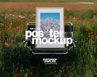 DIN A Wood Frame Mockup: Poppy Field Poster Template for Photoshop (Digital Download)