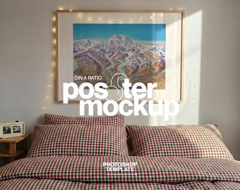 Landscape DIN A Poster Mockup: Photoshop Frame Template Festive Bedroom Scene (Digital Download)