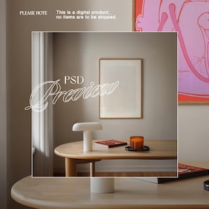 May include: A modern interior scene featuring a wooden table with a white lamp, books, and a candle. A framed print hangs on the wall. The text "PSD Preview" is overlaid on the image. The text "This is a digital product, no items are to be shipped" is also present.