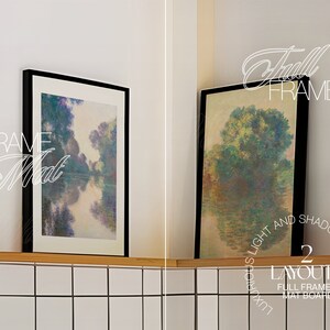 May include: Two framed paintings with black frames, one with a landscape scene and the other with a tree reflected in water. The text "FRAME WITH Mat" is in the top left corner and "Full FRAME" is in the top right corner. The text "LUXURIOUS LIGHT AND SHADOWS 2 LAYOUTS FULL FRAME & MAT BOARD" is in the bottom right corner.