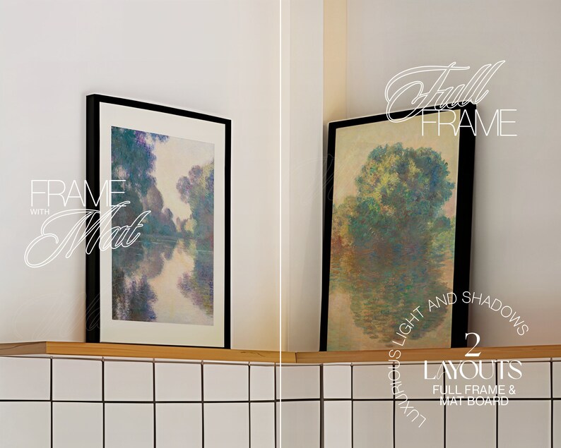May include: Two framed paintings with black frames, one with a landscape scene and the other with a tree reflected in water. The text "FRAME WITH Mat" is in the top left corner and "Full FRAME" is in the top right corner. The text "LUXURIOUS LIGHT AND SHADOWS 2 LAYOUTS FULL FRAME & MAT BOARD" is in the bottom right corner.