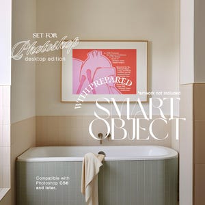 May include: A bathroom interior with a bathtub and framed artwork. The artwork features a pink heart illustration on a red background. Text on the image reads "SET FOR Photoshop desktop edition" and "SMART OBJECT". The bathtub is light green.