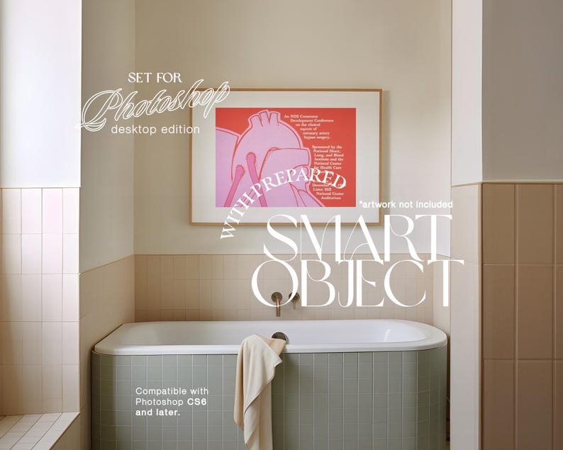 May include: A bathroom interior with a bathtub and framed artwork. The artwork features a pink heart illustration on a red background. Text on the image reads "SET FOR Photoshop desktop edition" and "SMART OBJECT". The bathtub is light green.