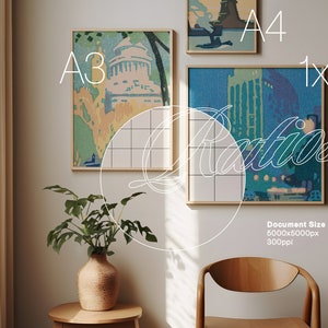 May include: Two framed abstract paintings on a white wall. The painting on the left is in yellow, green, and white. The painting on the right is in blue, green, and white. The text "A3" is in white on the left side of the image and the text "A4" is in white on the right side of the image. The text "1x1" is in white on the top right side of the image.