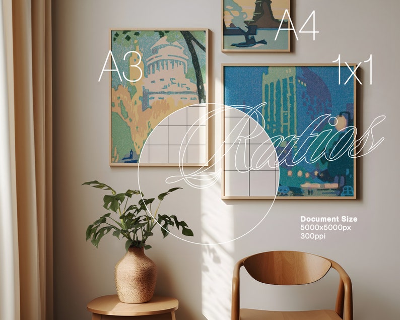 May include: Two framed abstract paintings on a white wall. The painting on the left is in yellow, green, and white. The painting on the right is in blue, green, and white. The text "A3" is in white on the left side of the image and the text "A4" is in white on the right side of the image. The text "1x1" is in white on the top right side of the image.