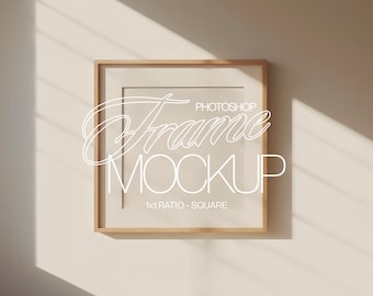 Square Frame Mockup Photoshop Template | Light Wood Frame Mockup for Photoshop | 1x1 Frame for Art and Print Display