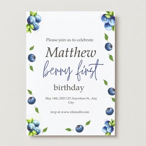 My BlueBERRY Birthday Invitation Modern Template Digital  INSTANT DOWNLOAD Editable