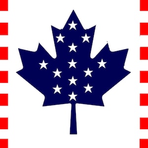 Pode incluir: Um design de bandeira com fundo branco, listras vermelhas e brancas nas laterais. No centro, uma folha de bordo azul com estrelas brancas, simbolizando uma fusão de símbolos americanos e canadenses.