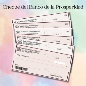 Puede incluir: Un montón de seis cheques en blanco del banco "Banco de la Prosperidad". Los cheques son de color rosa claro con texto marrón y un diseño de estrella marrón. El texto en los cheques dice "Banco de la Prosperidad" y "123 Calle de la Abundancia Dios premia tu fe". Los cheques están numerados con el número 001 y tienen un espacio para la fecha.