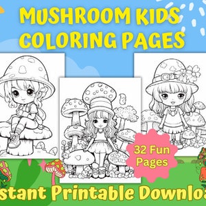 32 Cute Mushroom Kids Coloring Pages, Instant Printable Download