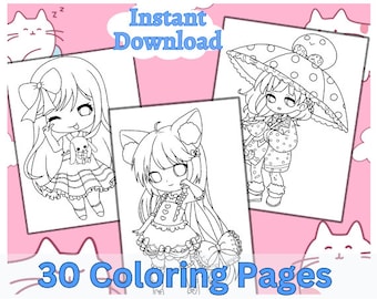 May include: A set of 30 printable coloring pages featuring cute cartoon girls with different outfits and accessories. The pages are black and white and ready to be colored in.