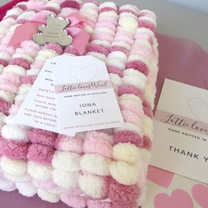 Hand Knitted Pom Pom 'IONA' Baby Blanket Super Soft Pink/white
