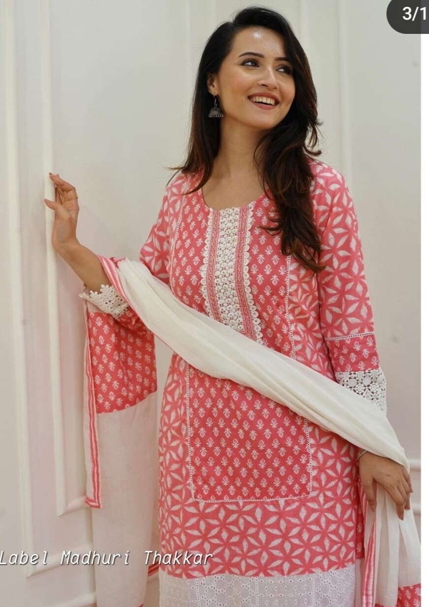 Woman Straight Suit Set with Pant & Dupatta