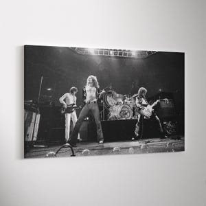 Lienzo impreso en blanco y negro con la banda musical de los años 70, Jimmy Page y Robert Plant, de Led Zeppelin, listo para colgar