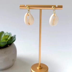 Shell earrings, cowrie shell earrings, 24k gold plated, beach jewelry, summer earrings, statement boho earrings