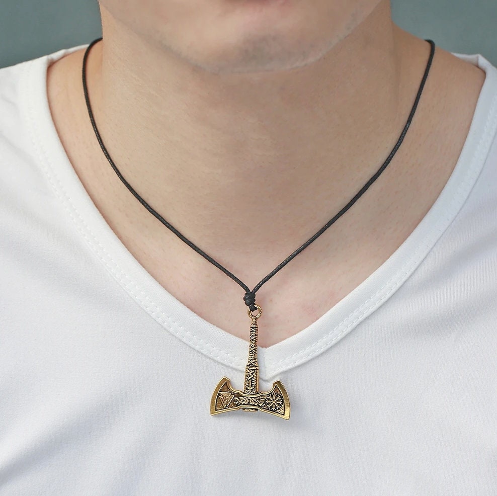 Mens Norse Viking Helmet Axe Rune Pendant Necklace Stainless Steel Amulet Chain