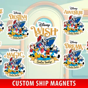 May include: Set of ten Disney cruise ship magnets featuring various ships, including the Disney Wish, Disney Treasure, Disney Fantasy, Disney Dream, Disney Magic, Disney Wonder, Disney Adventure, and Disney Destiny. Each magnet features a ship with Mickey Mouse and friends, the ship's name, and the year 2025. The magnets are designed to look like custom ship magnets.