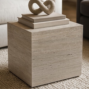 Grey Travertine Plinth Table: Modern Minimalist Nightstand