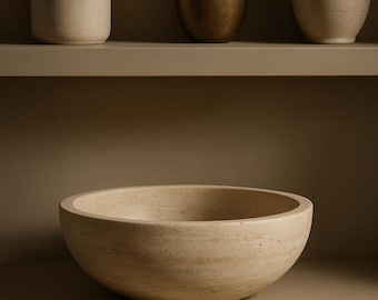 Beige Travertine Bowl, Natural Stone Decorative Centerpiece