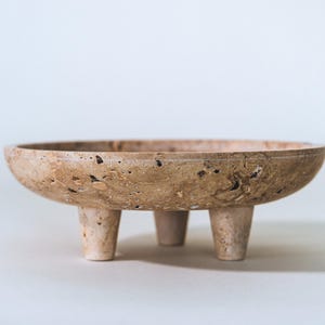 Travertine Footed Bowl: Beige Stone Pedestal Centerpiece