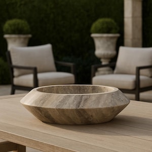 Handcarved Silver Travertine Bowl: Rustic Modern Centerpiece