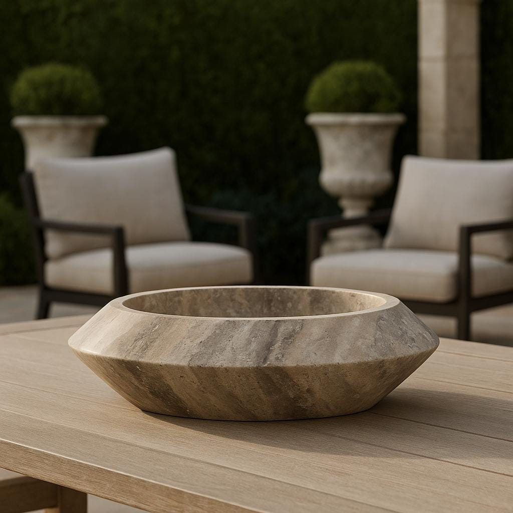 Handcarved Silver Travertine Bowl: Rustic Modern Centerpiece