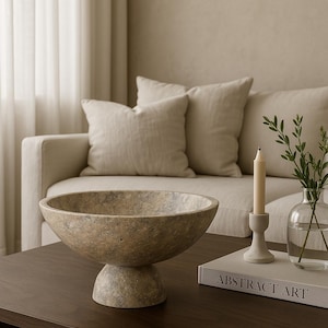 Natural Travertine Pedestal Bowl – Round Stone Fruit or Display Dish with Sculpted Base