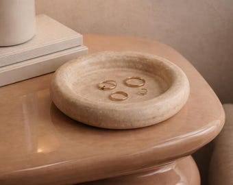 Beige Travertine Round Catchall, Natural Stone Decorative Tray