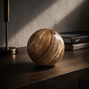 Puede incluir: Una esfera decorativa de mármol con vetas marrones y blancas, colocada sobre una superficie de madera oscura. Un candelabro de latón y libros en el fondo. La palabra "ART" es visible en el lomo del libro. Objeto decorativo.