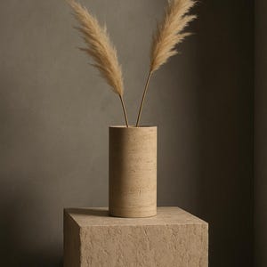 Può includere: Un vaso cilindrico beige in travertino con una superficie testurizzata. Il vaso è riempito con due steli di erba della pampa secca. Il vaso è appoggiato su un piedistallo quadrato beige testurizzato.