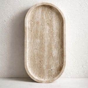 Ovalt bricka i travertin – Beige handgjort nattduksbord i natursten, samling