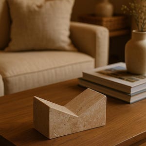 May include: A beige stone bookend with a V-shaped design sits on a wooden coffee table. The bookend is made of a textured stone material. A beige sofa and decorative vases are in the background.