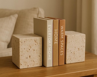 Beige Travertine Bookend Set, Natural Stone, Modern Organic Decor