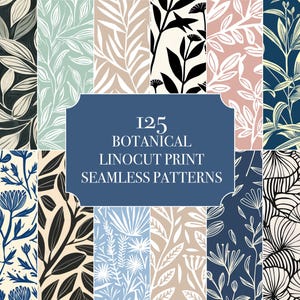 125 modèles sans couture d'impression linogravure botanique, papier numérique floral, papier de scrapbooking. Motifs botaniques monochromes modernes.