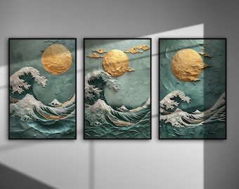 Welle vor Kanagawa Kunstdruck, Salbeigrün und Gold (Digitaler Download)