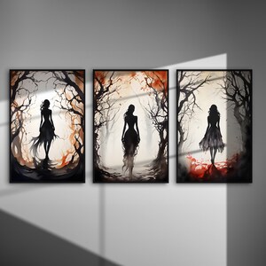 Eerie Woman in Forest Art Prints: Gothic Silhouette Decor (Set of 3) (Digital Files)