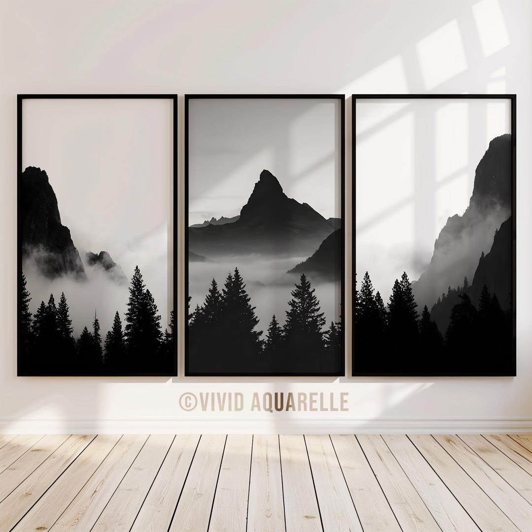 Black and White Mountain Wall Art Set of 3, Foggy Forest Landscape ...