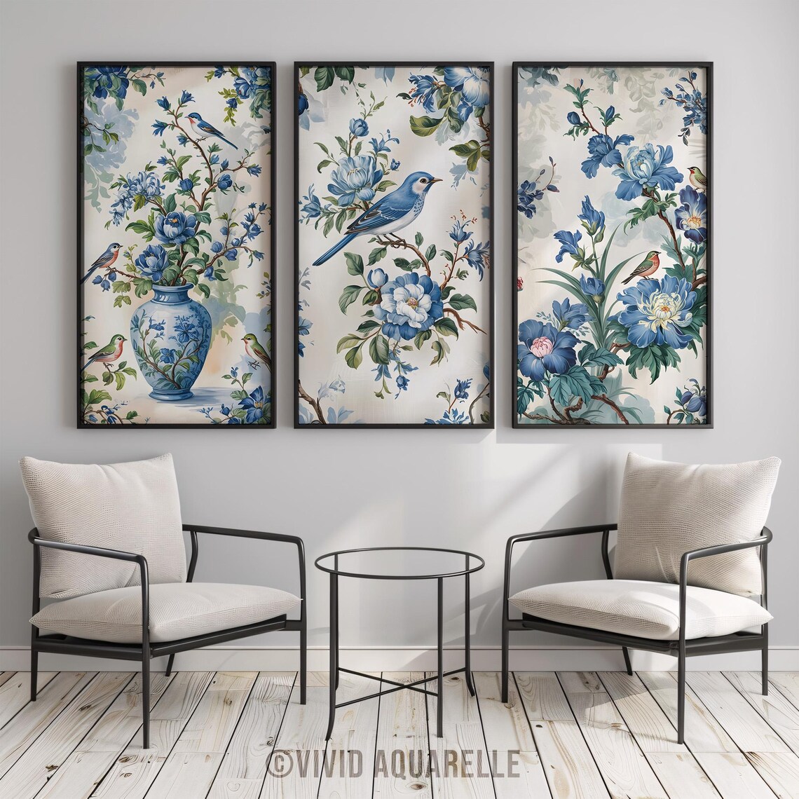 Blue Chinoiserie Floral Bird Art Prints: Vintage Gallery Set (digital ...
