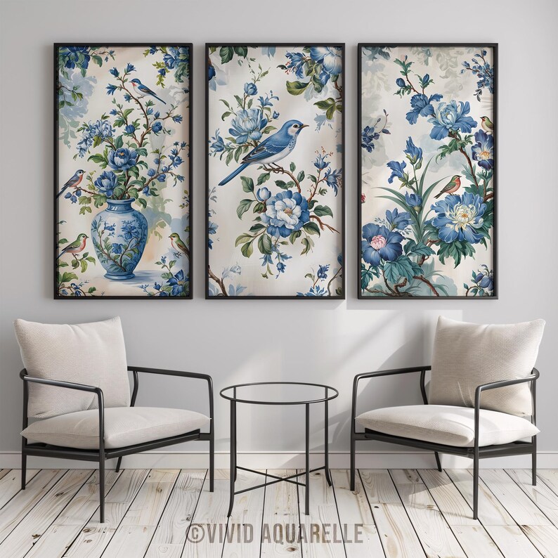Blue Chinoiserie Floral Bird Art Prints: Vintage Gallery Set (digital ...